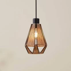 Eglo Adwickle Single Drop Pendant In Black And Wrapped With Natural Hemp Yarn