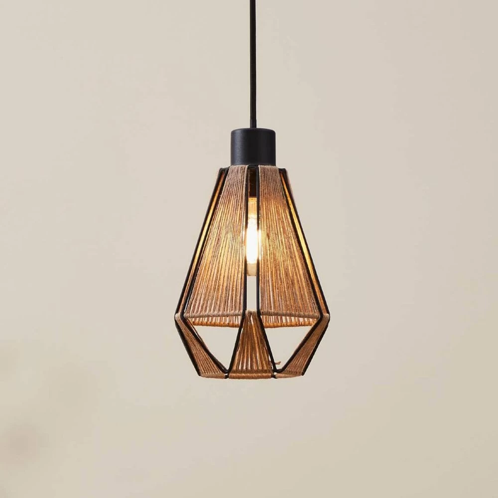 Eglo Adwickle Single Drop Pendant In Black And Wrapped With Natural Hemp Yarn 3 Eglo Adwickle Single Drop Pendant In Black And Wrapped With Natural Hemp Yarn