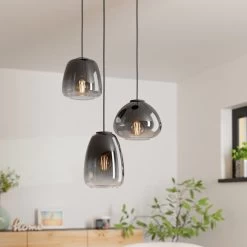 Eglo Aguilares Triple Drop Round Pendant In Black With Vaporized Black To Grey Glass