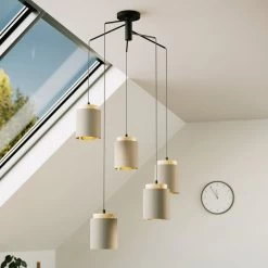 Eglo Albariza Five Drop Pendant With Wooden Lamp Holders And Cappuccino Shades