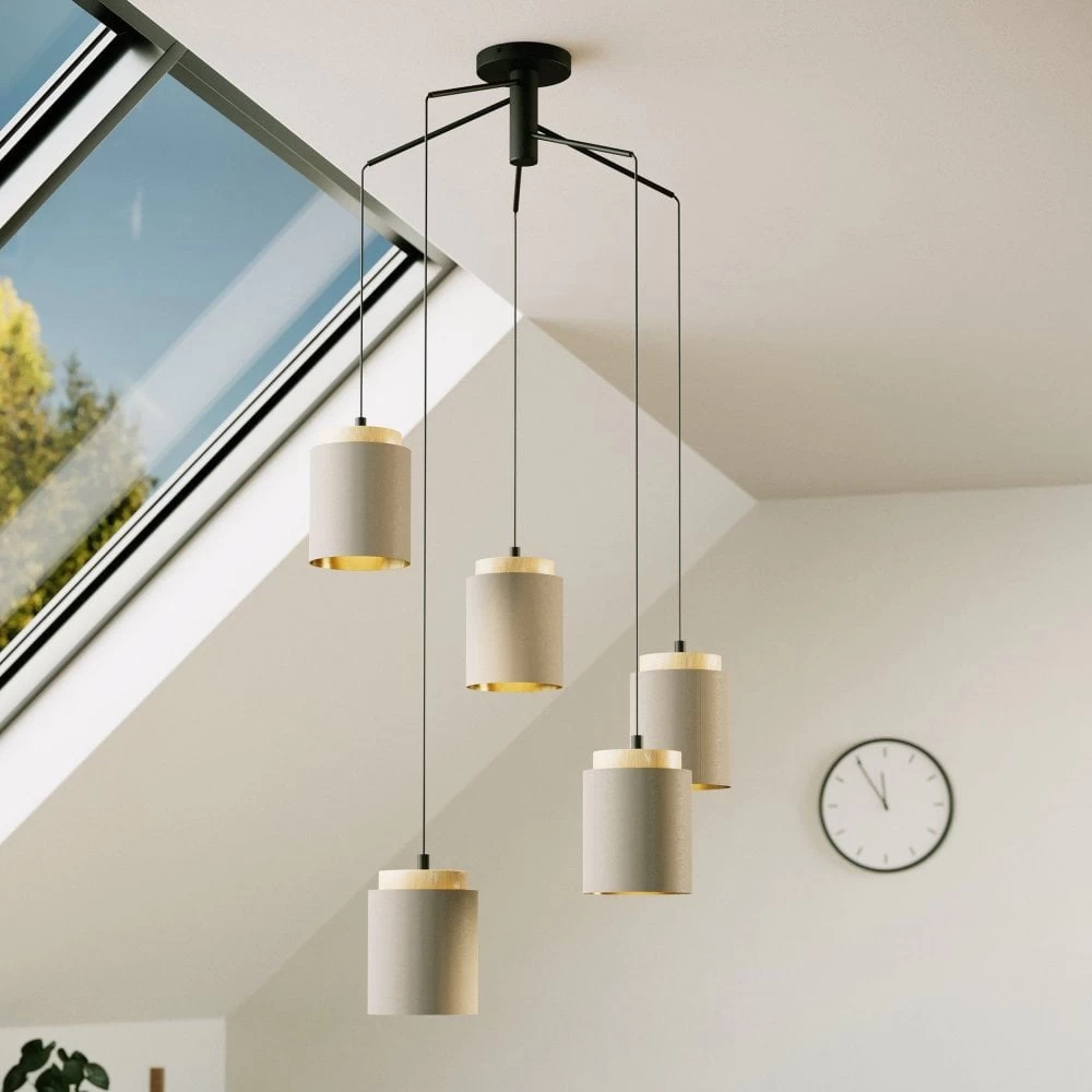 Eglo Albariza Five Drop Pendant With Wooden Lamp Holders And Cappuccino Shades 3 Eglo Albariza Five Drop Pendant With Wooden Lamp Holders And Cappuccino Shades