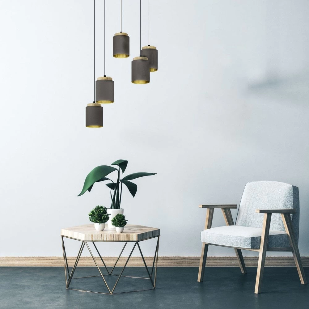 Eglo Albariza Five Drop Pendant With Wooden Lamp Holders And Cappuccino Shades 6 Eglo Albariza Five Drop Pendant With Wooden Lamp Holders And Cappuccino Shades - Image 4