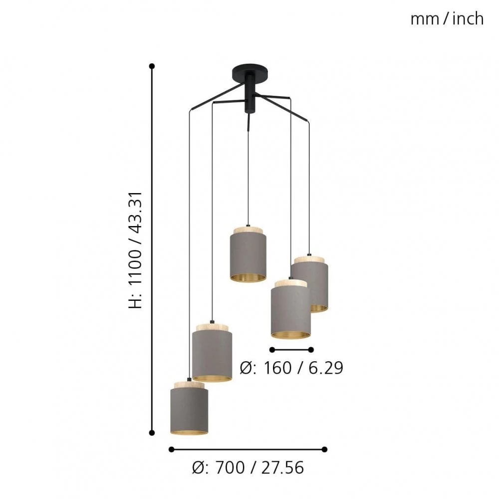 Eglo Albariza Five Drop Pendant With Wooden Lamp Holders And Cappuccino Shades 7 Eglo Albariza Five Drop Pendant With Wooden Lamp Holders And Cappuccino Shades - Image 5