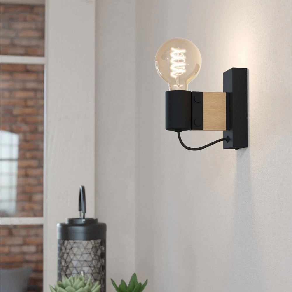 Eglo Bailrigg Wall Light In Black With Wood Detailing 4 Eglo Bailrigg Wall Light In Black With Wood Detailing - Image 2