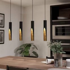 Eglo Barbotto Four Drop Linear Pendant In Black With Gold Inner Surfaces