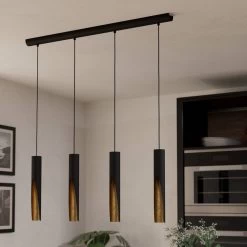Eglo Barbotto Four Drop Linear Pendant In Black With Gold Inner Surfaces -Eglo eglo barbotto four drop linear pendant in black with gold inner surfaces p24030 93515 image