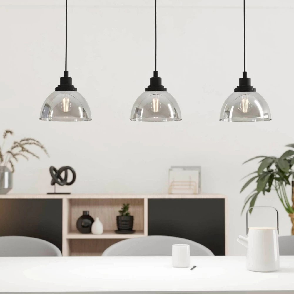 Eglo Beleser 3 Drop Pendant In Vaporized Transparent Black Glass 3 Eglo Beleser 3 Drop Pendant In Vaporized Transparent Black Glass