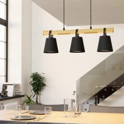 Eglo Boyle Three Lamp Linear Pendant In Black With Wooden Crossbar