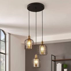 Eglo Chisle Triple Drop Round Pendant In Black & Bronze With Amber Vaporized Glass