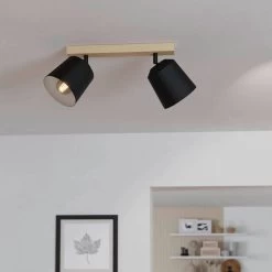Eglo Cotorro Twin Spotlight In Black With Rubberwood Base