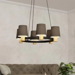 Eglo Edale 700mm Six Lamp Pendant In Black With Wood Detailing And Cappuccino Shades