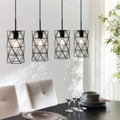 Eglo Estevau Four Drop Steel Cage Pendant Light In Dark Brown