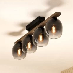 Eglo Filago Four Lamp Linear Ceiling Light With Wooden Crossbar & Glass Shades