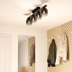 Eglo Filago Four Lamp Linear Ceiling Light With Wooden Crossbar & Glass Shades -Eglo eglo filago four lamp linear ceiling light with wooden crossbar glass shades p23913 92563 image