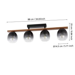 Eglo Filago Four Lamp Linear Ceiling Light With Wooden Crossbar & Glass Shades -Eglo eglo filago four lamp linear ceiling light with wooden crossbar glass shades p23913 92565 image