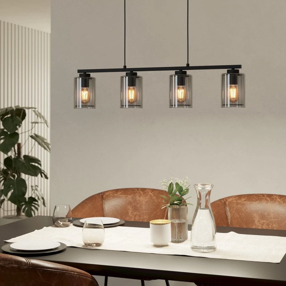 Eglo Floresta Four Lamp Linear Pendant In Black With Clear Glass & Wire Mesh Diffusers 3 Eglo Floresta Four Lamp Linear Pendant In Black With Clear Glass & Wire Mesh Diffusers