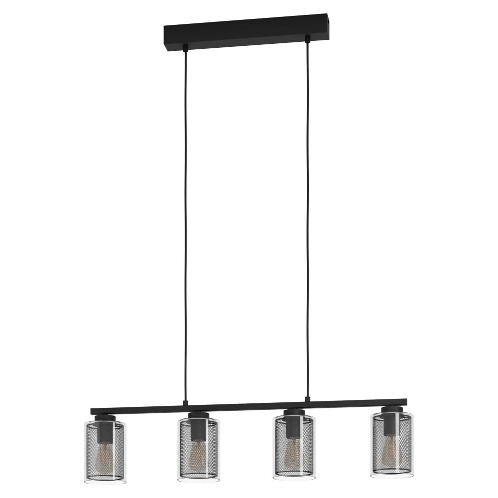 Eglo Floresta Four Lamp Linear Pendant In Black With Clear Glass & Wire Mesh Diffusers 4 Eglo Floresta Four Lamp Linear Pendant In Black With Clear Glass & Wire Mesh Diffusers - Image 2
