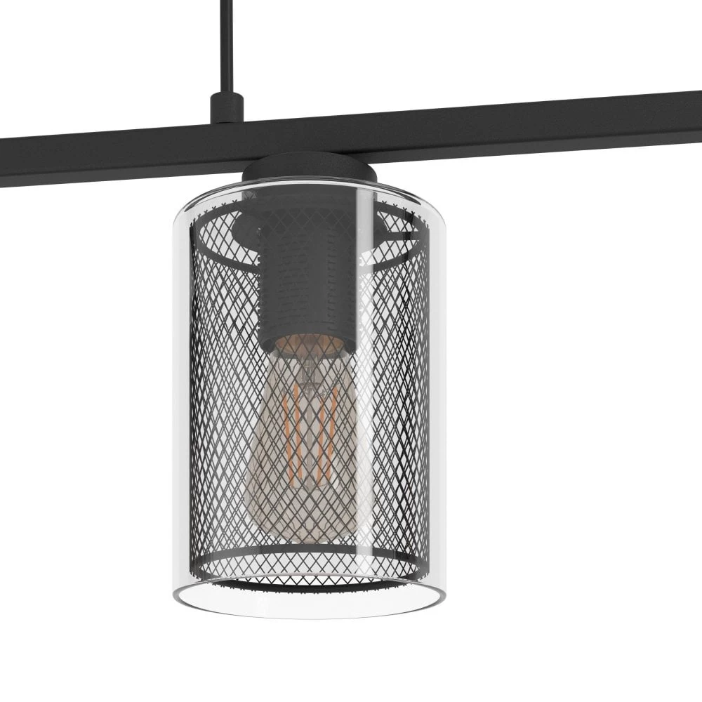 Eglo Floresta Four Lamp Linear Pendant In Black With Clear Glass & Wire Mesh Diffusers 5 Eglo Floresta Four Lamp Linear Pendant In Black With Clear Glass & Wire Mesh Diffusers - Image 3