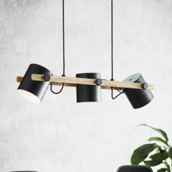 Eglo Hornwood Three Lamp Linear Pendant In Pinewood & Black Adjustable Shades