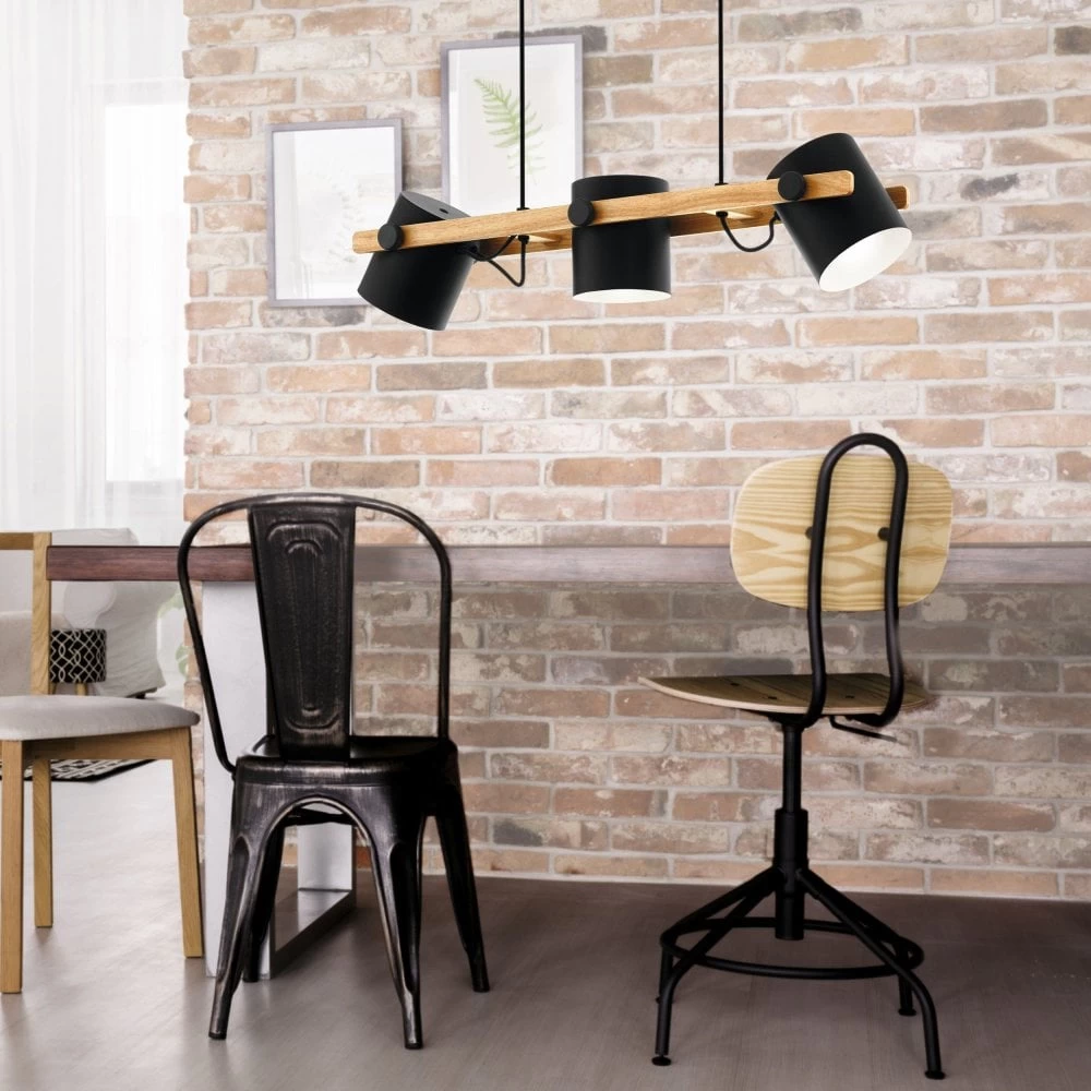 Eglo Hornwood Three Lamp Linear Pendant In Pinewood & Black Adjustable Shades 4 Eglo Hornwood Three Lamp Linear Pendant In Pinewood & Black Adjustable Shades - Image 2