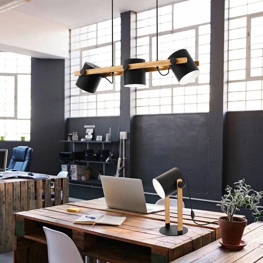 Eglo Hornwood Three Lamp Linear Pendant In Pinewood & Black Adjustable Shades 6 Eglo Hornwood Three Lamp Linear Pendant In Pinewood & Black Adjustable Shades - Image 4