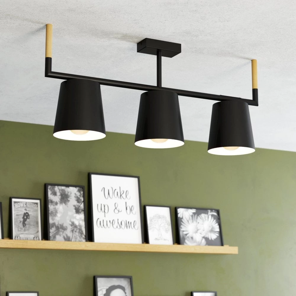 Eglo Lacey Three Lamp Linear Ceiling Light In Black With Wood Detailing 3 Eglo Lacey Three Lamp Linear Ceiling Light In Black With Wood Detailing