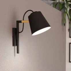 Eglo Lacey Wall Light In Black With Wood Detailing