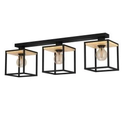 Eglo Libertad Triple Lamp Linear Ceiling Light In Black With Wood Detailing