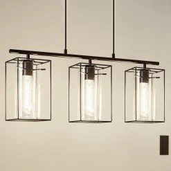 Eglo Loncino Triple Pendant Light In Black Steel And Smoked Glass