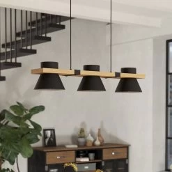 Eglo Maccles Three Lamp Linear Pendant In Black With Wood Detailing