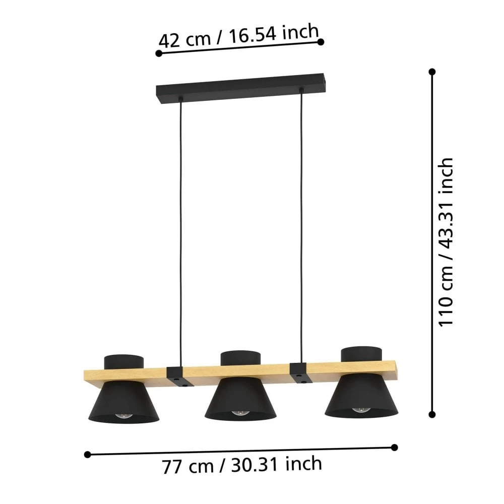 Eglo Maccles Three Lamp Linear Pendant In Black With Wood Detailing 8 Eglo Maccles Three Lamp Linear Pendant In Black With Wood Detailing - Image 6