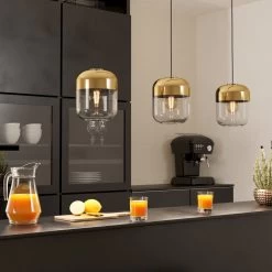 Eglo Maryvilla Triple Drop Linear Pendant With Gold Topped Clear Glass Shades