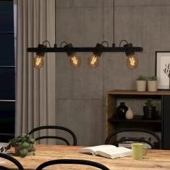 Eglo Plimsoll Four Lamp Linear Pendant In A Black Wooden Frame
