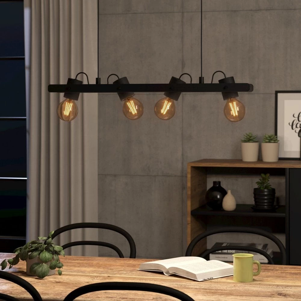 Eglo Plimsoll Four Lamp Linear Pendant In A Black Wooden Frame 3 Eglo Plimsoll Four Lamp Linear Pendant In A Black Wooden Frame