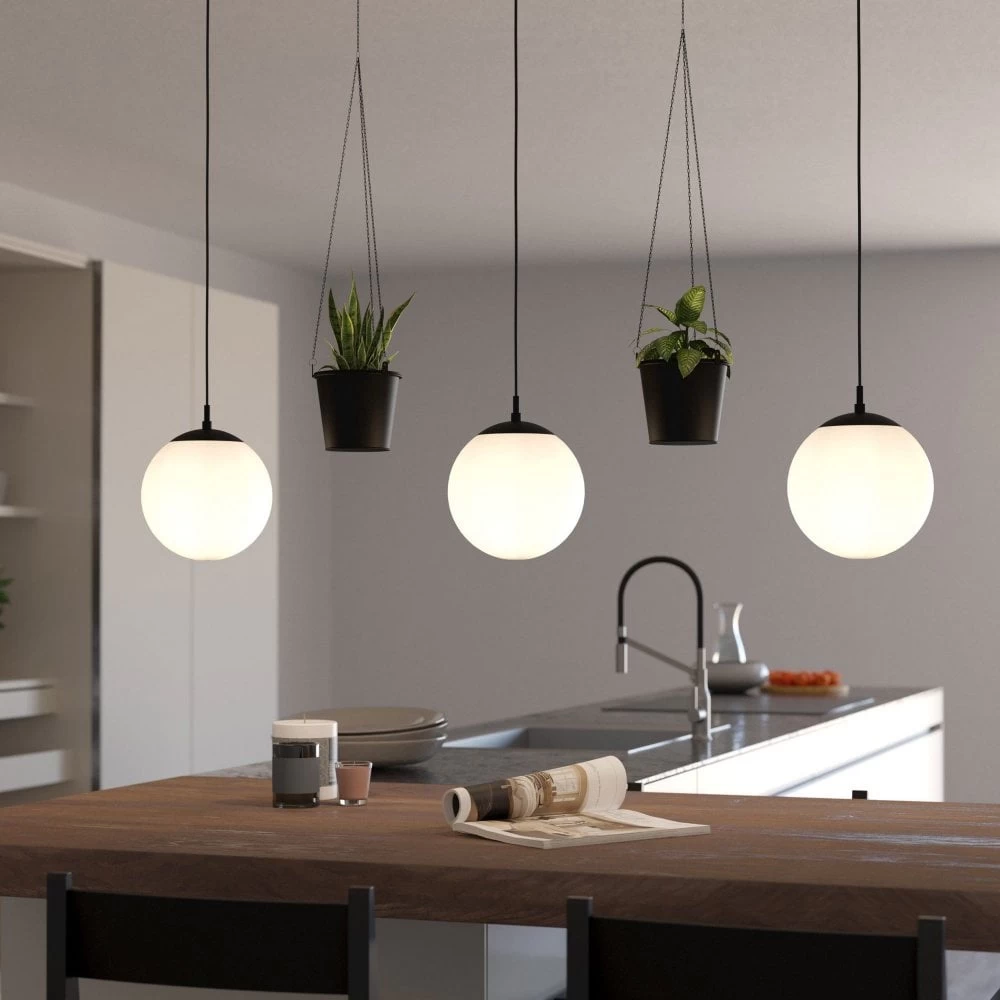 Eglo Rondo 3 Triple Drop Linear Pendant In Black & Matt Opal Glass Shades 3 Eglo Rondo 3 Triple Drop Linear Pendant In Black & Matt Opal Glass Shades