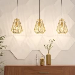 Eglo Stype Triple Drop Linear Pendant In Gold With Geometric Diamond-Shaped Lampshades