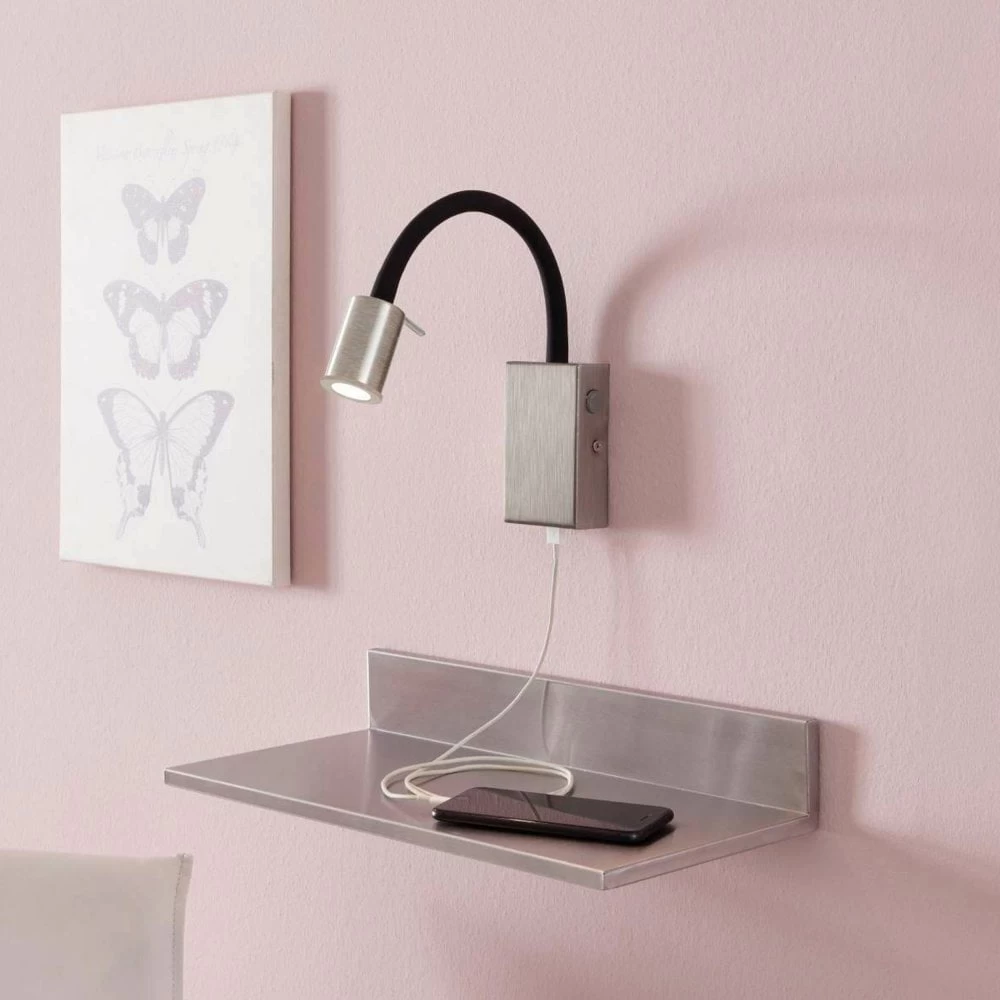 Eglo Tazzoli Nickel Bedside Reader Wall Light With USB Charging Port 3 Eglo Tazzoli Nickel Bedside Reader Wall Light With USB Charging Port