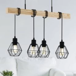 Eglo Townshend 5 Four Lamp Wooden Bar Pendant With Wire Cage Shades