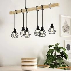 Eglo Townshend 5 Six Lamp Wooden Bar Pendant With Wire Cage Shades
