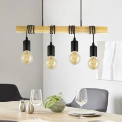 Eglo Townshend Four Lamp Wooden Bar Pendant With Black Detailing
