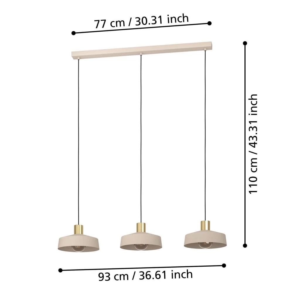 Eglo Valdiola Triple Drop Linear Pendant In A Sand Coloured Finish With Brushed Brass Detail 6 Eglo Valdiola Triple Drop Linear Pendant In A Sand Coloured Finish With Brushed Brass Detail - Image 4